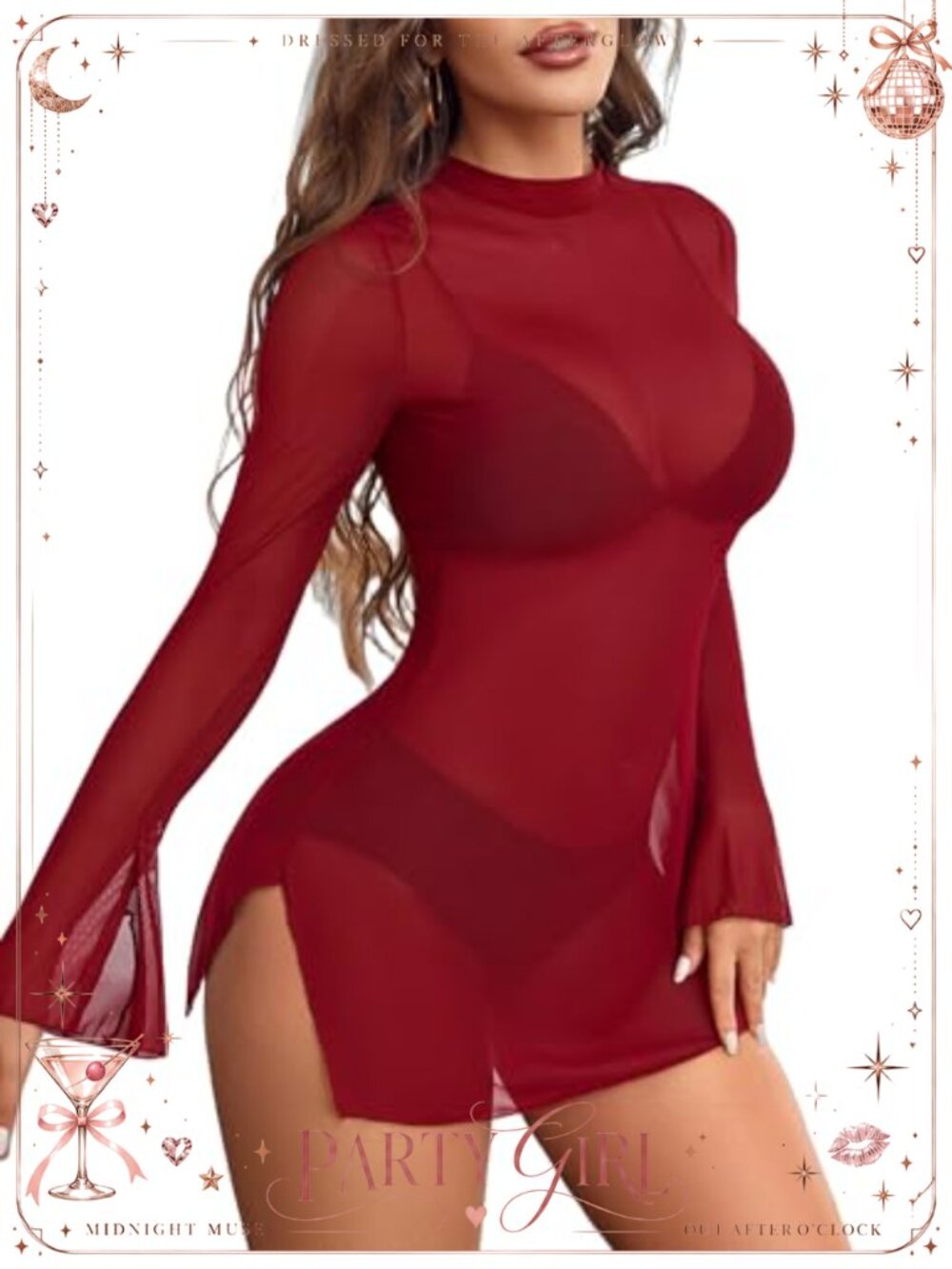 Mesh Mini Dress Bell Sleeves Bodycon Turtle Neck Split Clubwear Party